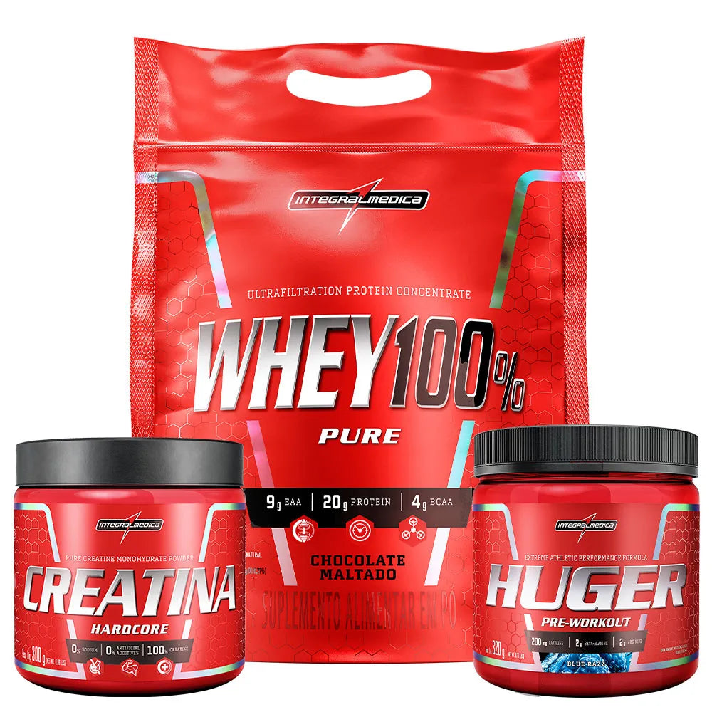 Pack Whey 100% 900g Pouch Chocolate Maltado + Creatina 100% Pura 300g + Huger 320g Blue Razz