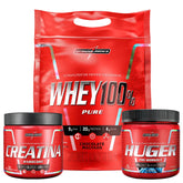 Pack Whey 100% 900g Pouch Chocolate Maltado + Creatina 100% Pura 300g + Huger 320g Blue Razz