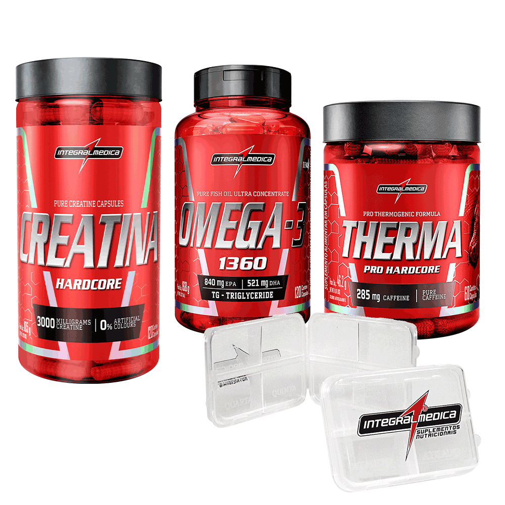 Promopack Creatina Hardcore 120 caps + Ômega 3 60 caps + Therma Pro 60 caps + Porta cápsulas